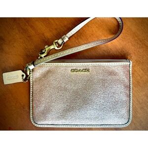 Coach Rose Gold Glitter Wristlet Metallic Leather Trim Zip Pouch Gold Hardware